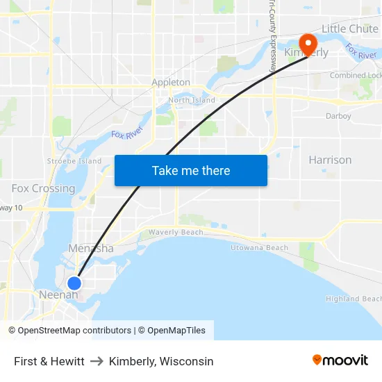 First & Hewitt to Kimberly, Wisconsin map
