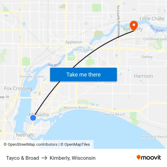 Tayco & Broad to Kimberly, Wisconsin map