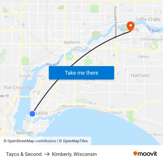 Tayco & Second to Kimberly, Wisconsin map