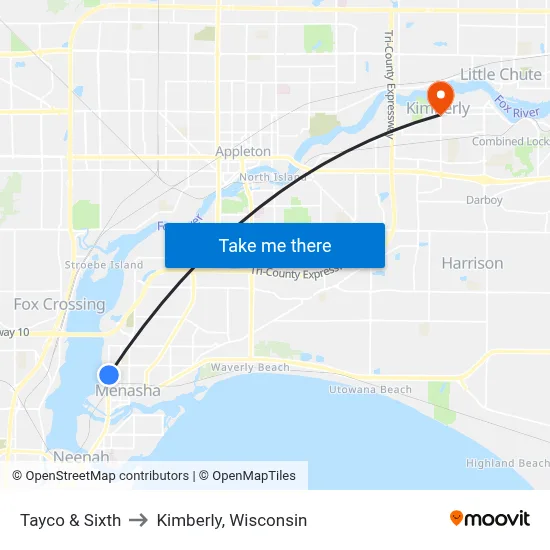 Tayco & Sixth to Kimberly, Wisconsin map
