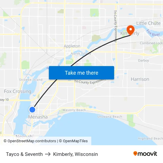 Tayco & Seventh to Kimberly, Wisconsin map