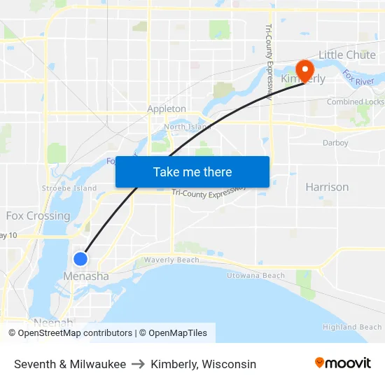 Seventh & Milwaukee to Kimberly, Wisconsin map