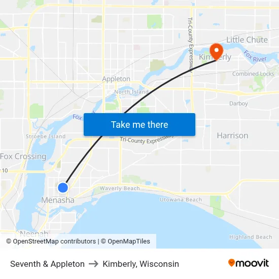 Seventh & Appleton to Kimberly, Wisconsin map