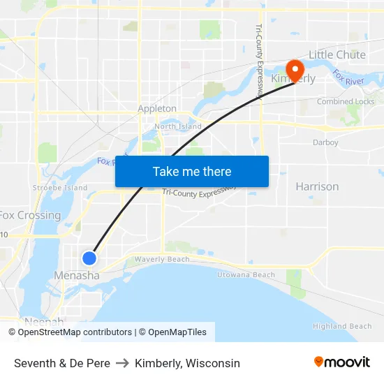 Seventh & De Pere to Kimberly, Wisconsin map