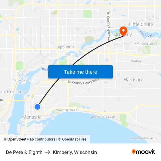 De Pere & Eighth to Kimberly, Wisconsin map