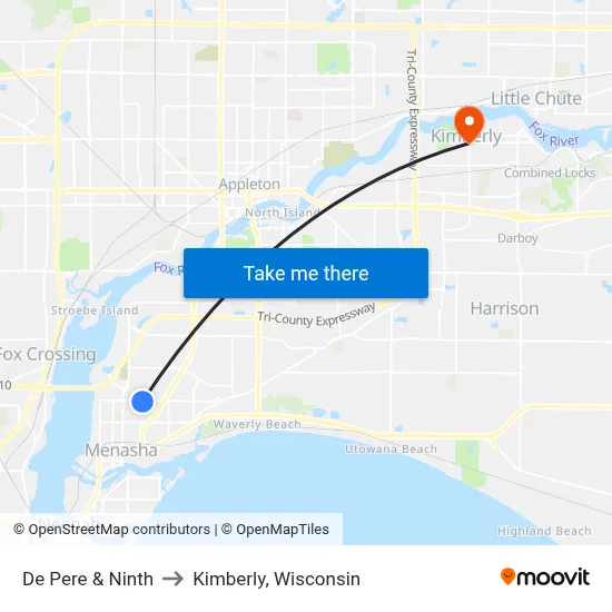 De Pere & Ninth to Kimberly, Wisconsin map