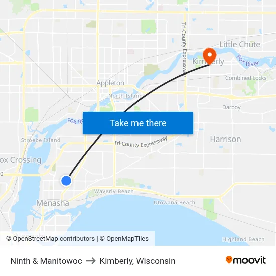 Ninth & Manitowoc to Kimberly, Wisconsin map