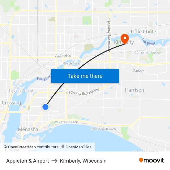 Appleton & Airport to Kimberly, Wisconsin map