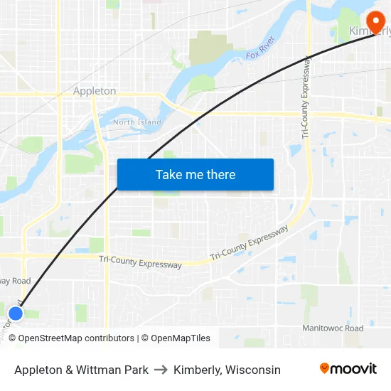 Appleton & Wittman Park to Kimberly, Wisconsin map