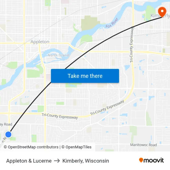 Appleton & Lucerne to Kimberly, Wisconsin map