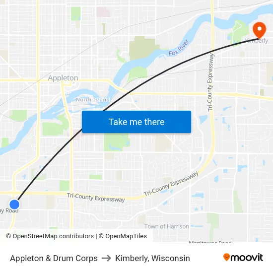 Appleton &  Drum Corps to Kimberly, Wisconsin map