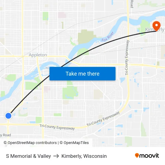 S Memorial & Valley to Kimberly, Wisconsin map