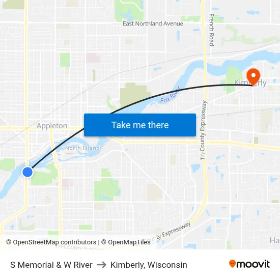 S Memorial & W River to Kimberly, Wisconsin map