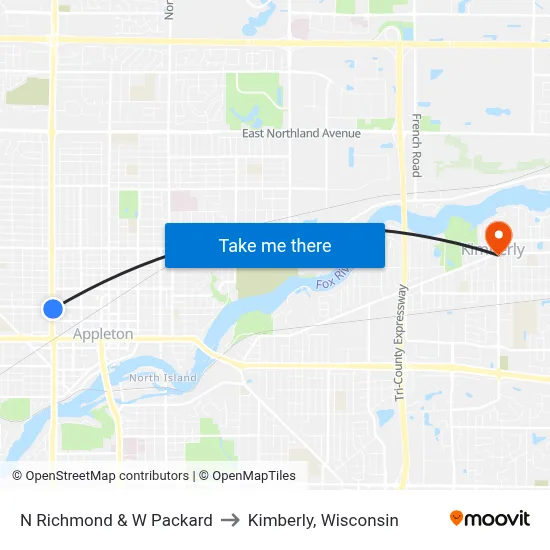 N Richmond & W Packard to Kimberly, Wisconsin map