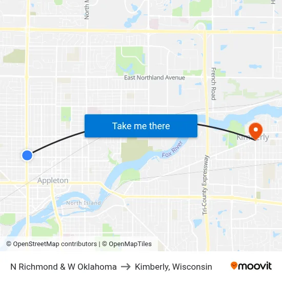 N Richmond & W Oklahoma to Kimberly, Wisconsin map