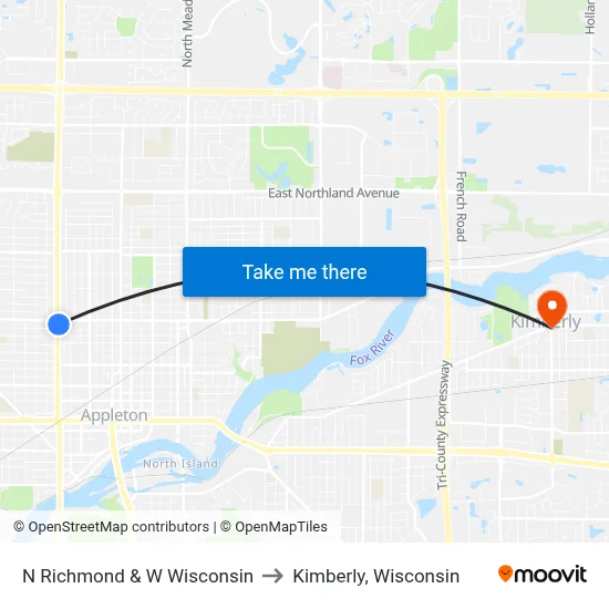 N Richmond & W Wisconsin to Kimberly, Wisconsin map
