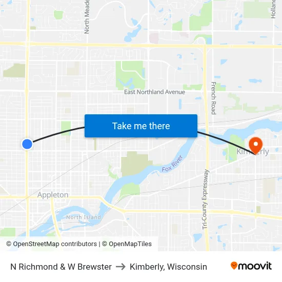 N Richmond & W Brewster to Kimberly, Wisconsin map