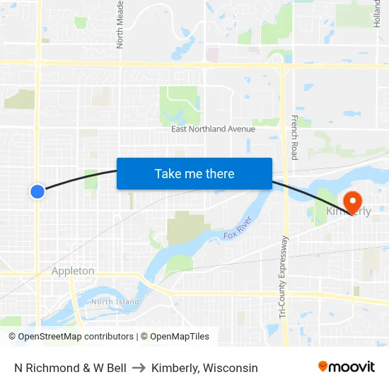 N Richmond & W Bell to Kimberly, Wisconsin map