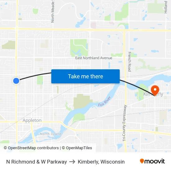 N Richmond & W Parkway to Kimberly, Wisconsin map