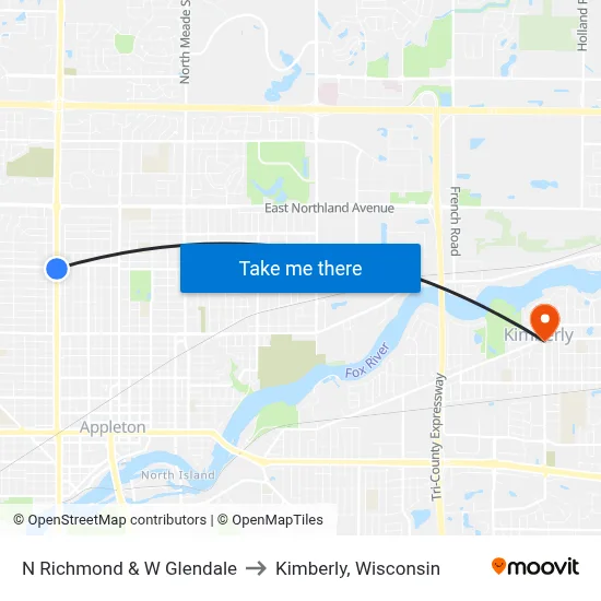 N Richmond & W Glendale to Kimberly, Wisconsin map