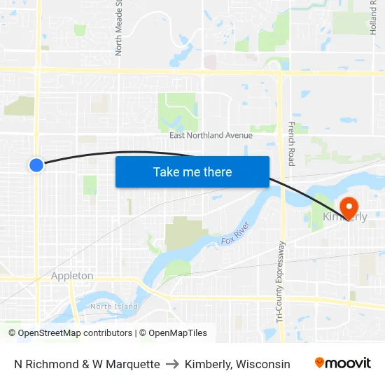 N Richmond & W Marquette to Kimberly, Wisconsin map