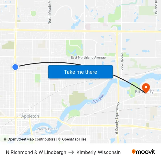 N Richmond & W Lindbergh to Kimberly, Wisconsin map