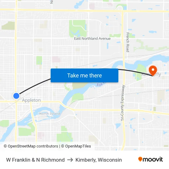 W Franklin & N Richmond to Kimberly, Wisconsin map