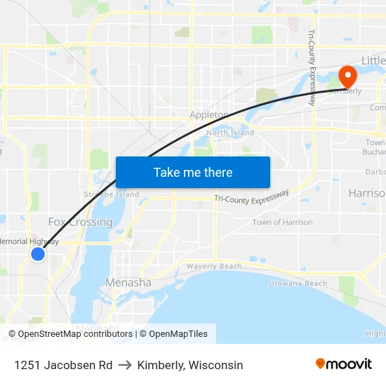 1251 Jacobsen Rd to Kimberly, Wisconsin map