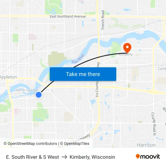 E. South River & S West to Kimberly, Wisconsin map