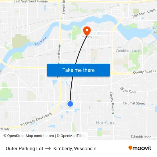 Outer Parking Lot to Kimberly, Wisconsin map