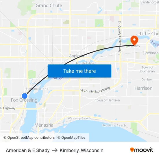 American & E Shady to Kimberly, Wisconsin map