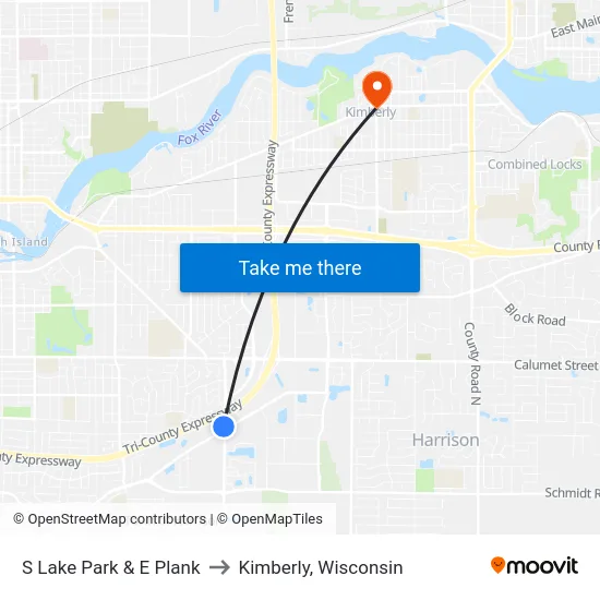 S Lake Park & E Plank to Kimberly, Wisconsin map