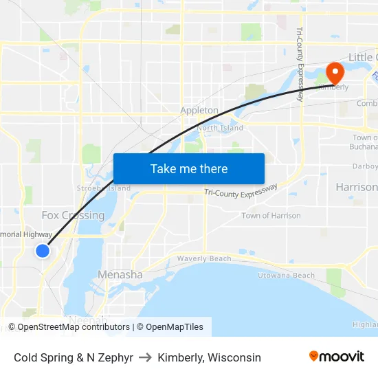 Cold Spring & N Zephyr to Kimberly, Wisconsin map