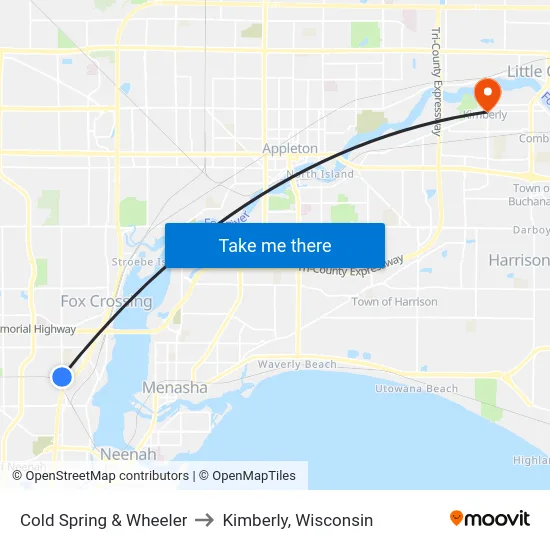 Cold Spring & Wheeler to Kimberly, Wisconsin map