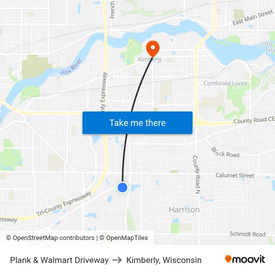 Plank & Walmart Driveway to Kimberly, Wisconsin map