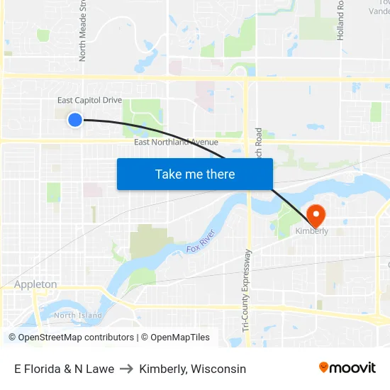 E Florida & N Lawe to Kimberly, Wisconsin map