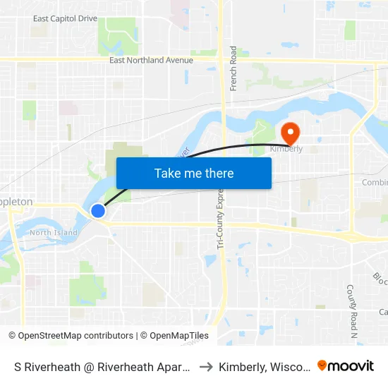 S Riverheath @ Riverheath Apartments to Kimberly, Wisconsin map
