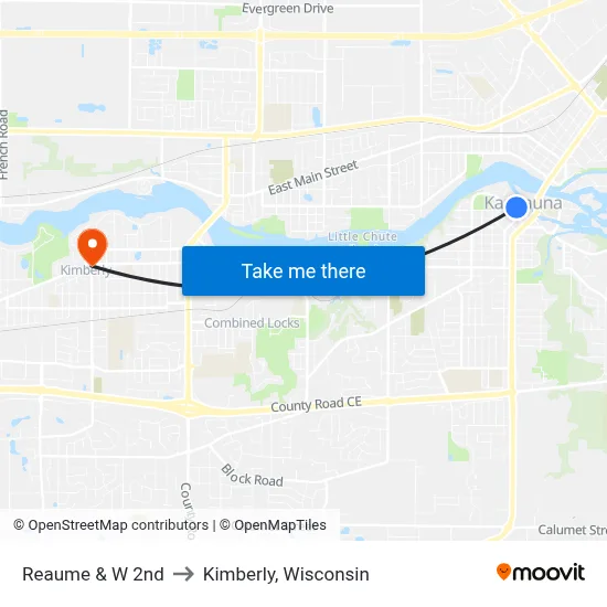 Reaume & W 2nd to Kimberly, Wisconsin map