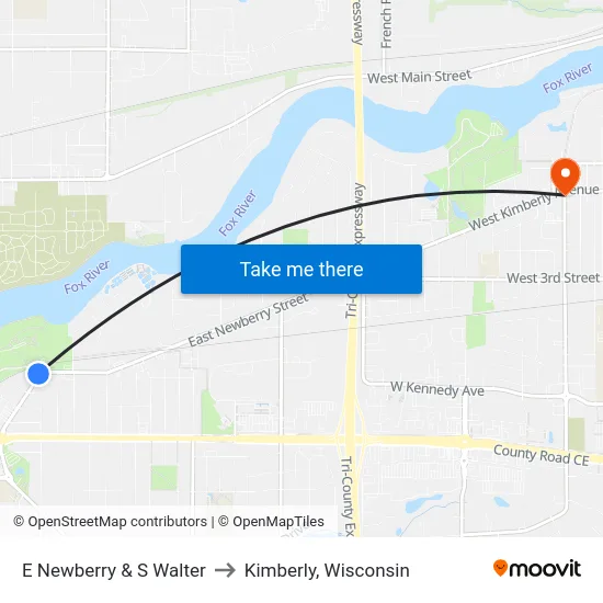 E Newberry & S Walter to Kimberly, Wisconsin map