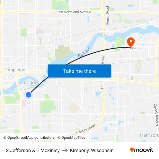 S Jefferson & E Mckinley to Kimberly, Wisconsin map