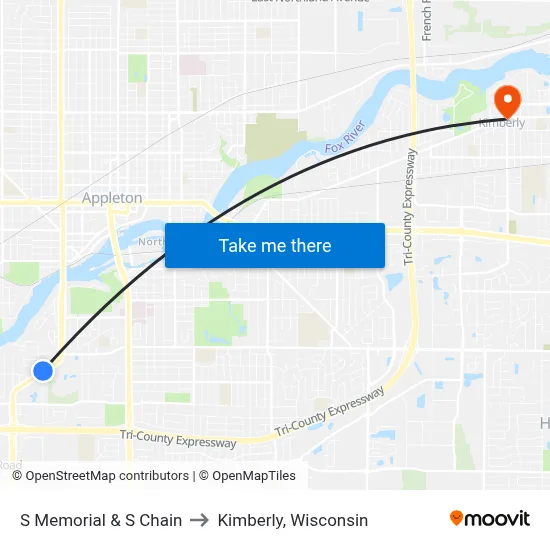 S Memorial & S Chain to Kimberly, Wisconsin map