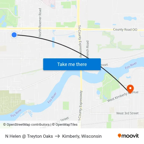 N Helen @ Treyton Oaks to Kimberly, Wisconsin map