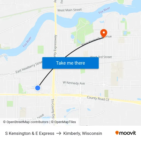 S Kensington & E Express to Kimberly, Wisconsin map