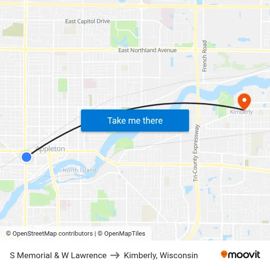 S Memorial & W Lawrence to Kimberly, Wisconsin map