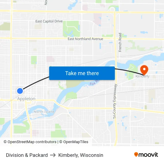Division & Packard to Kimberly, Wisconsin map