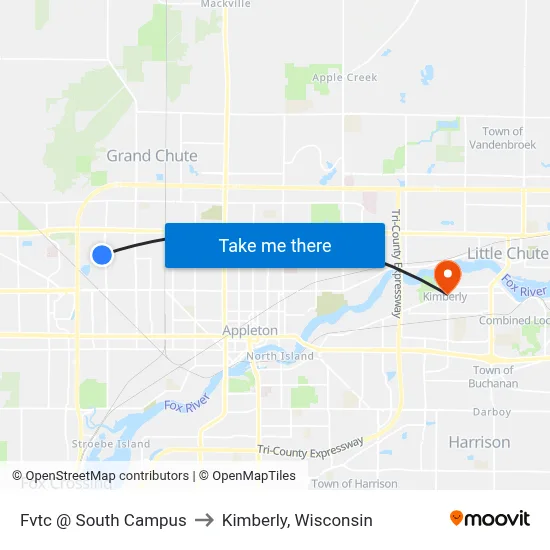Fvtc @ South Campus to Kimberly, Wisconsin map