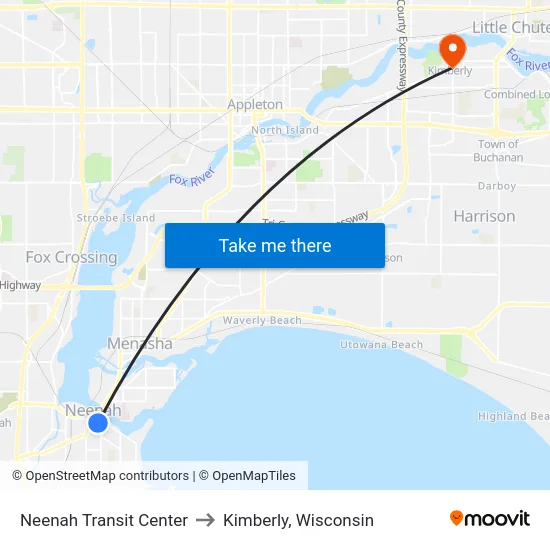 Neenah Transit Center to Kimberly, Wisconsin map