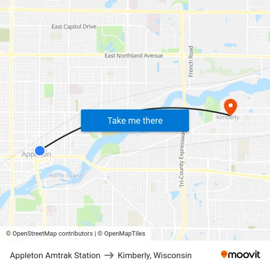 Appleton Amtrak Station to Kimberly, Wisconsin map