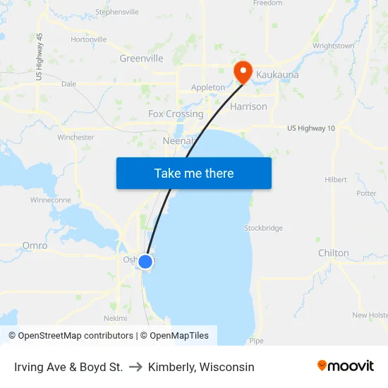 Irving Ave & Boyd St. to Kimberly, Wisconsin map
