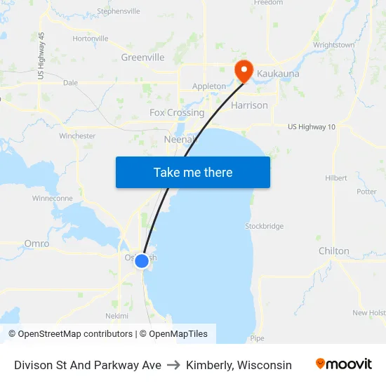 Divison St And Parkway Ave to Kimberly, Wisconsin map